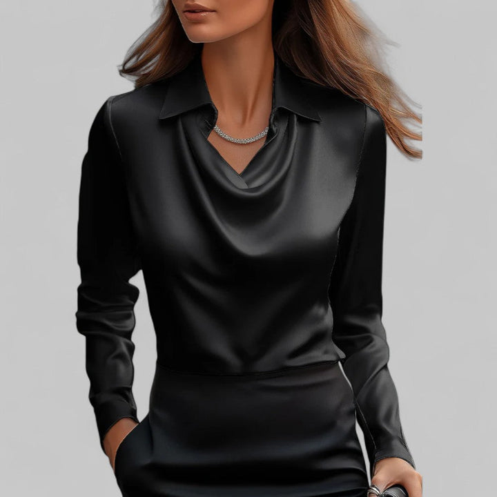 Lacey | Point Collar Cowl Drape Long Sleeve Fitted Satin Blouse