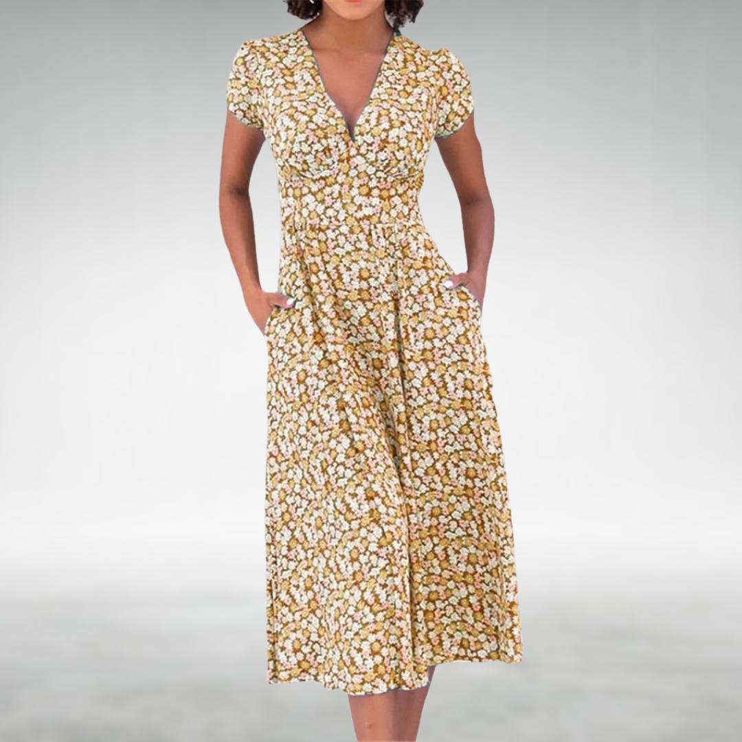 Daisie | Floral Print V-Neck Cap Sleeve Midi Dress