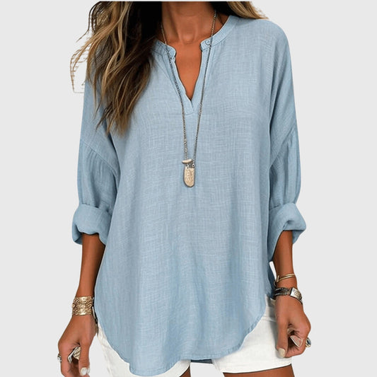 Breezy | V-Neck Henley Roll Sleeve Curved Hem Relaxed Linen Shirt