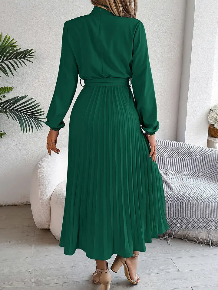 Celeste | Pleated Belted Mock-Neck Midi Dress