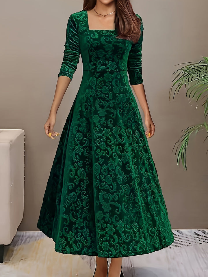 Victoria | Embossed Velvet Square Neck A-Line Midi Dress