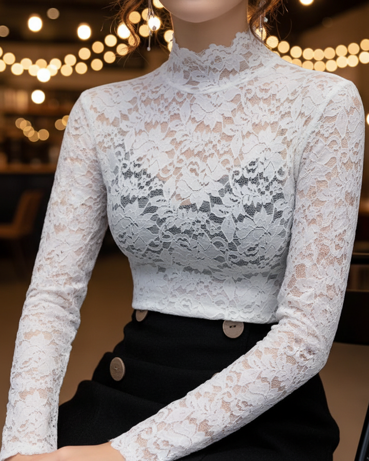 Belle | Floral Lace Mock-Neck Long Sleeve Blouse