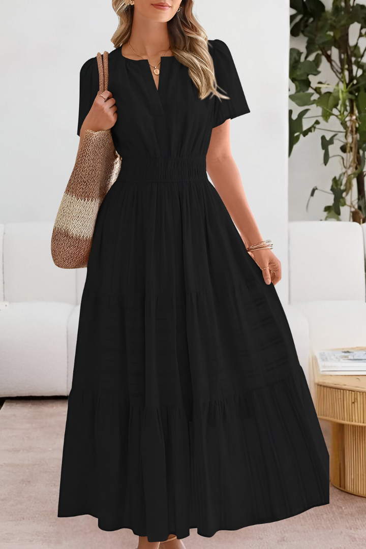 Soleil | V-Notch Smocked Waist Tiered Flutter Sleeve Maxi Dress