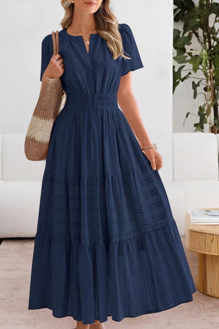 Soleil | V-Notch Smocked Waist Tiered Flutter Sleeve Maxi Dress