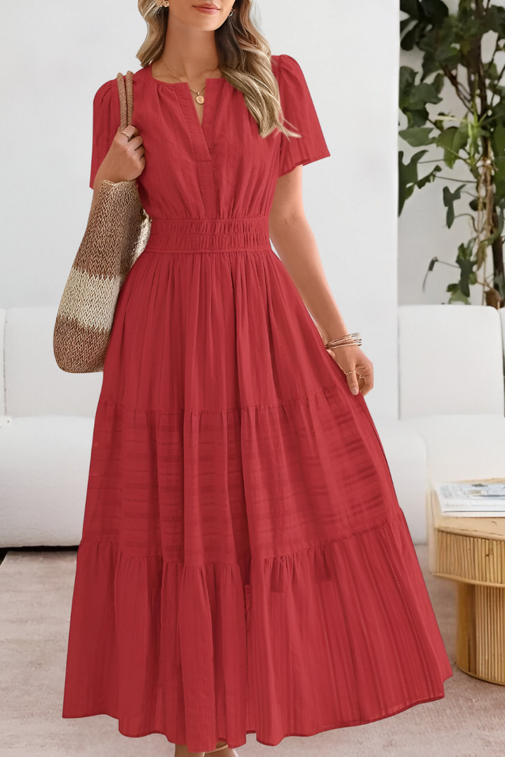 Soleil | V-Notch Smocked Waist Tiered Flutter Sleeve Maxi Dress