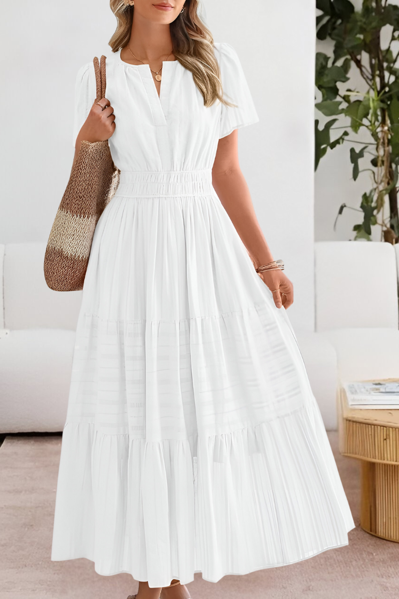 Soleil | V-Notch Smocked Waist Tiered Flutter Sleeve Maxi Dress