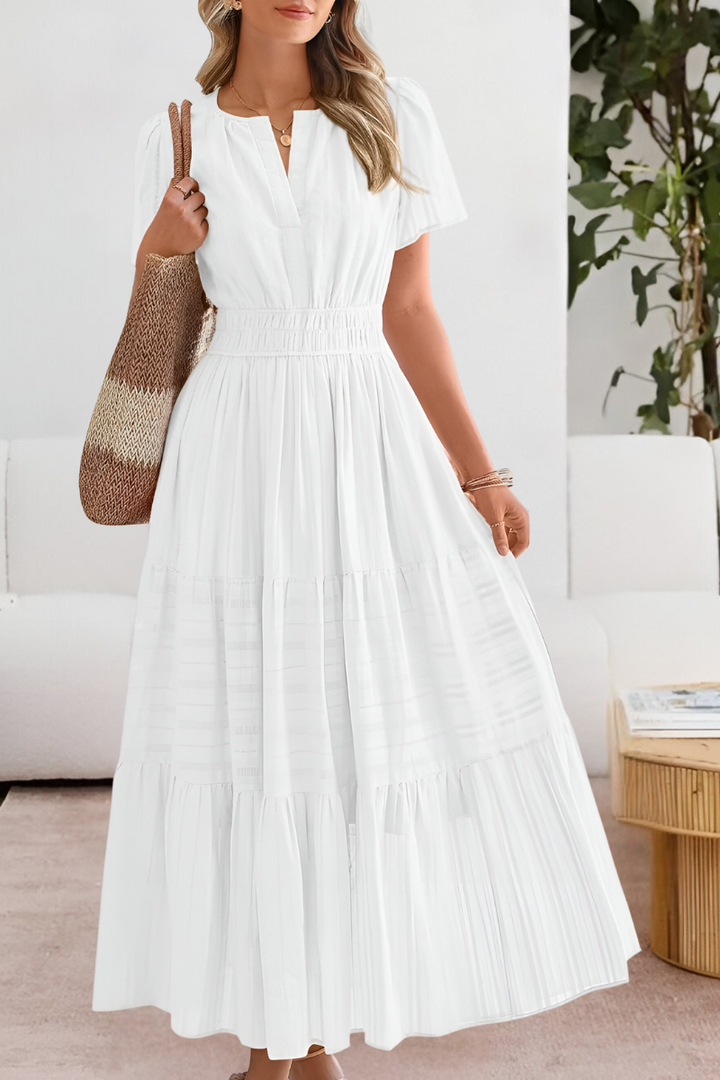 Soleil | V-Notch Smocked Waist Tiered Flutter Sleeve Maxi Dress