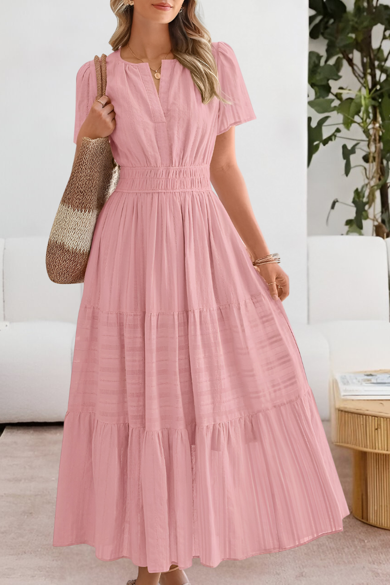 Soleil | V-Notch Smocked Waist Tiered Flutter Sleeve Maxi Dress