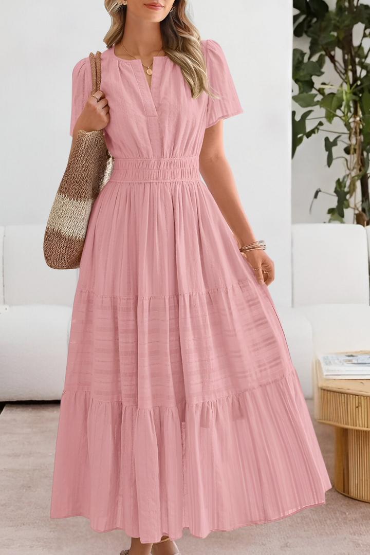 Soleil | V-Notch Smocked Waist Tiered Flutter Sleeve Maxi Dress