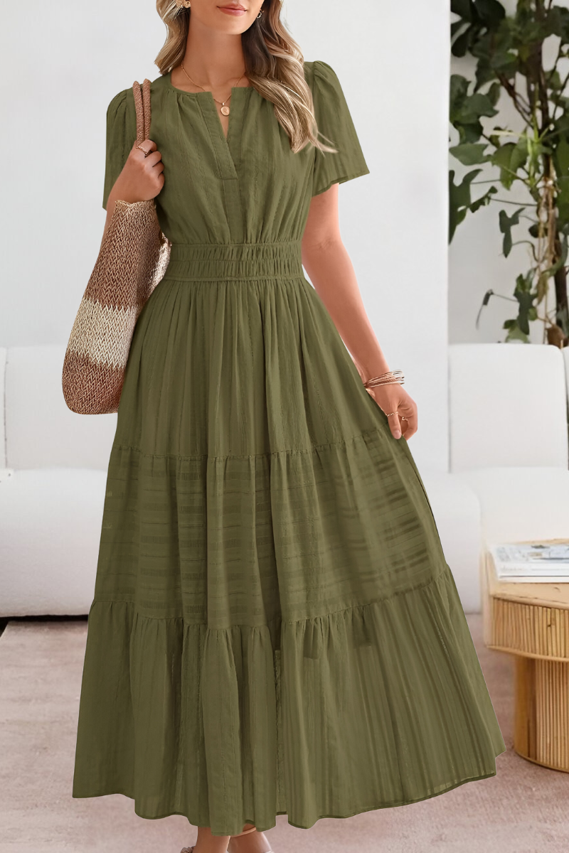 Soleil | V-Notch Smocked Waist Tiered Flutter Sleeve Maxi Dress