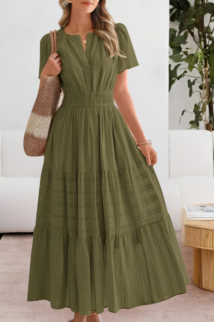Soleil | V-Notch Smocked Waist Tiered Flutter Sleeve Maxi Dress