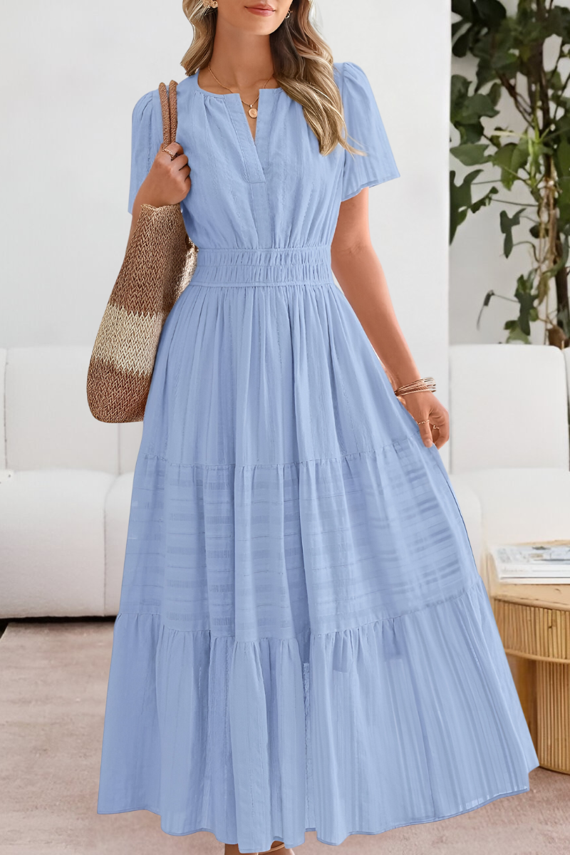 Soleil | V-Notch Smocked Waist Tiered Flutter Sleeve Maxi Dress