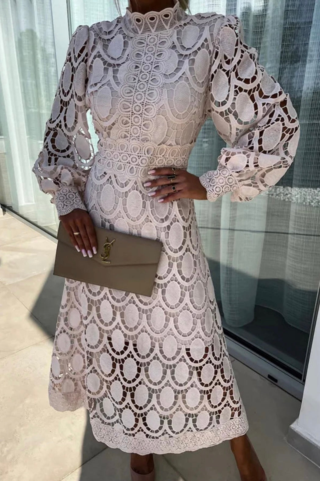 Valentina | Guipure Lace High-Neck Belted Midi Dress
