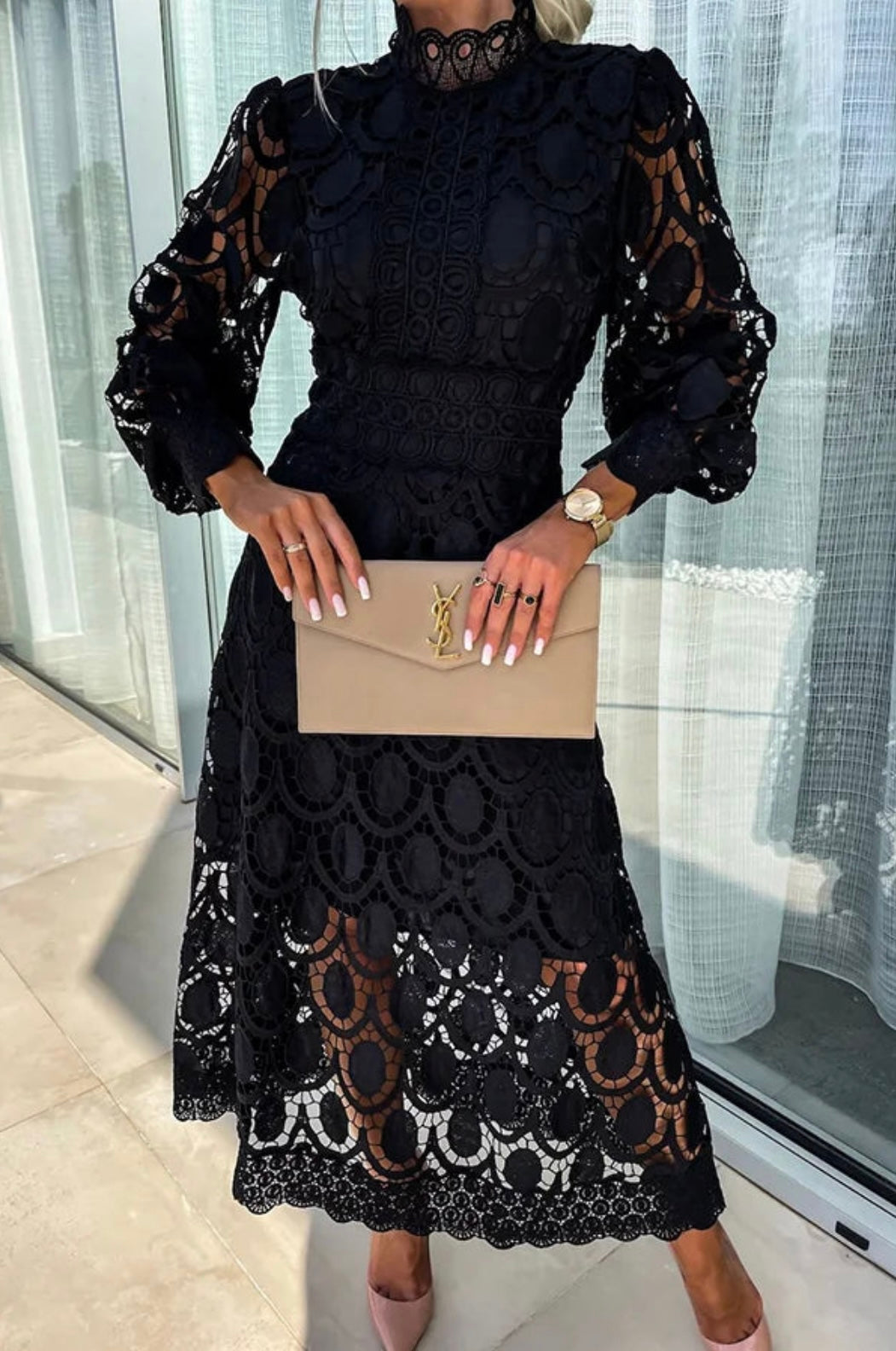 Valentina | Guipure Lace High-Neck Belted Midi Dress