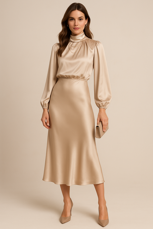 Anastasia | Women's Tie-Neck Blouson Midi Dress