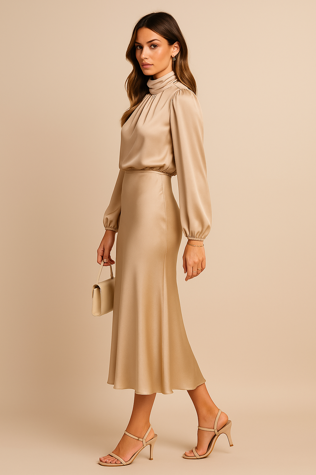 Anna | Satin Mock-Neck Blouson Sleeve Midi Dress