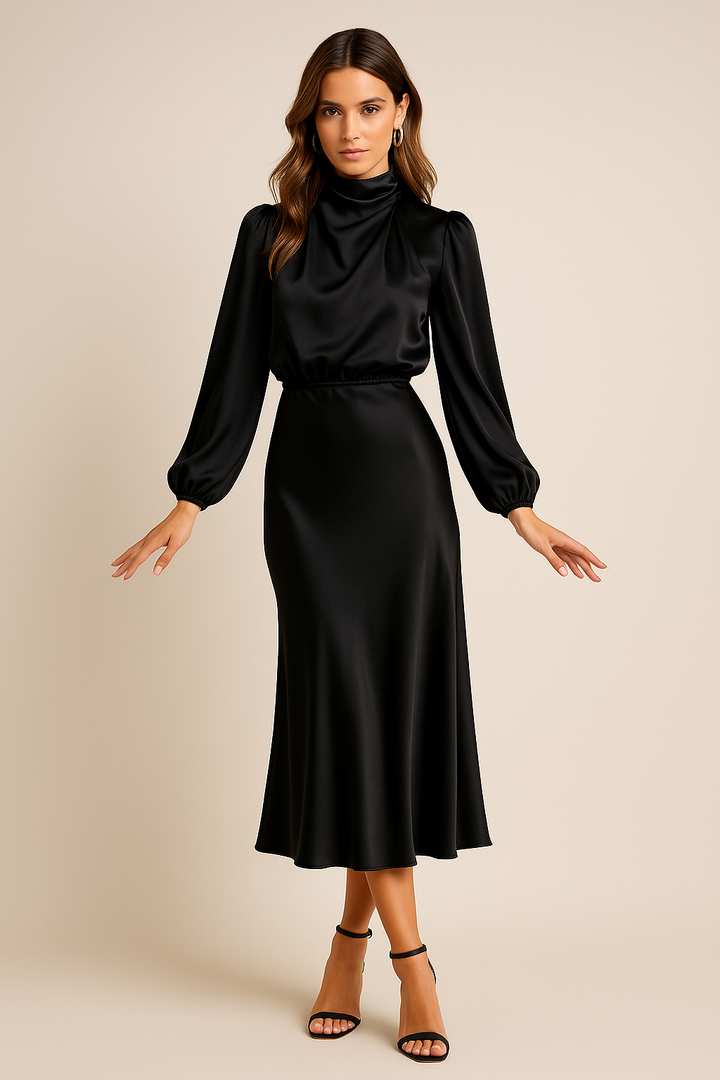 Anna | Satin Mock-Neck Blouson Sleeve Midi Dress