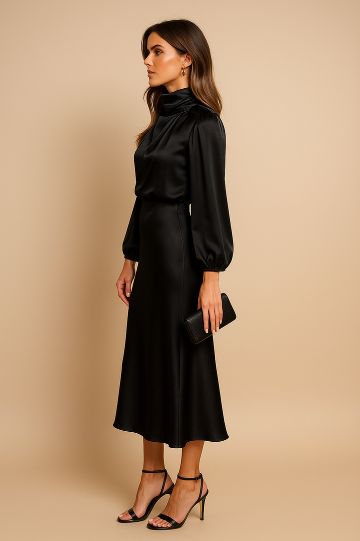 Anna | Satin Mock-Neck Blouson Sleeve Midi Dress
