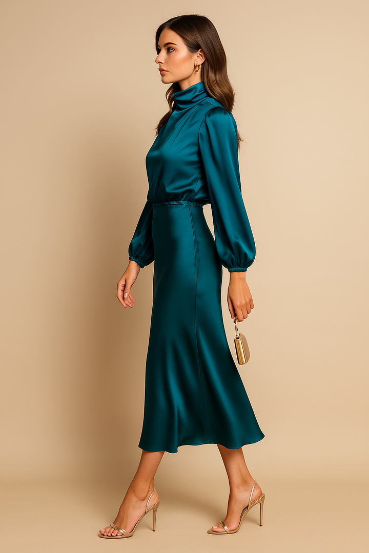 Anna | Satin Mock-Neck Blouson Sleeve Midi Dress