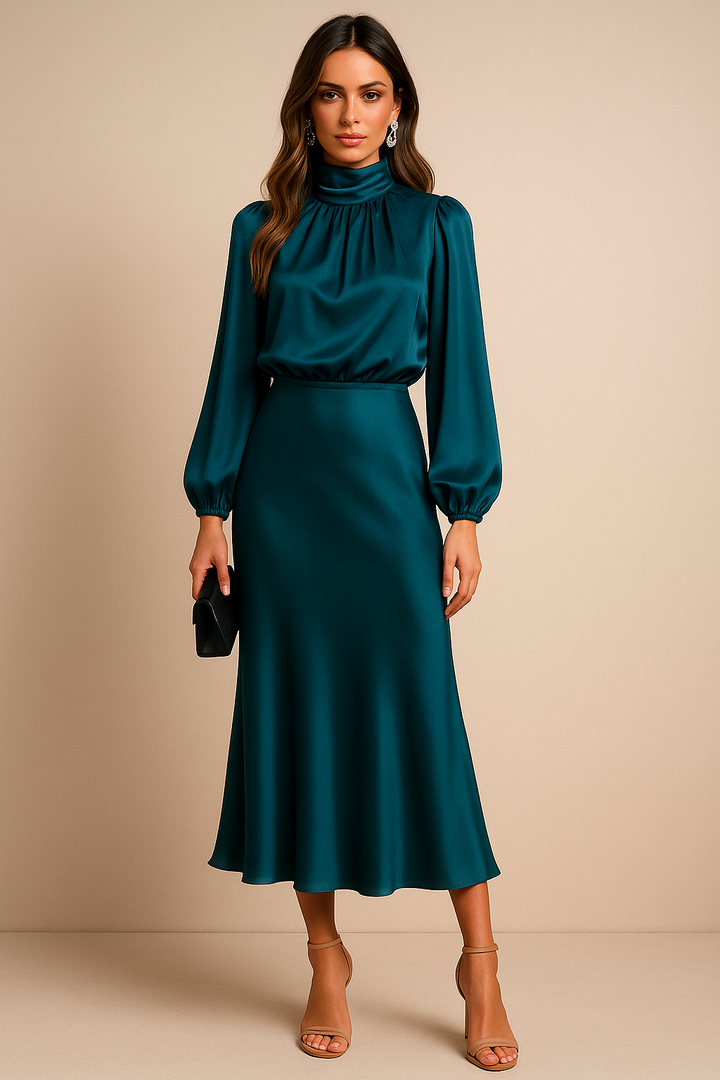 Anna | Satin Mock-Neck Blouson Sleeve Midi Dress