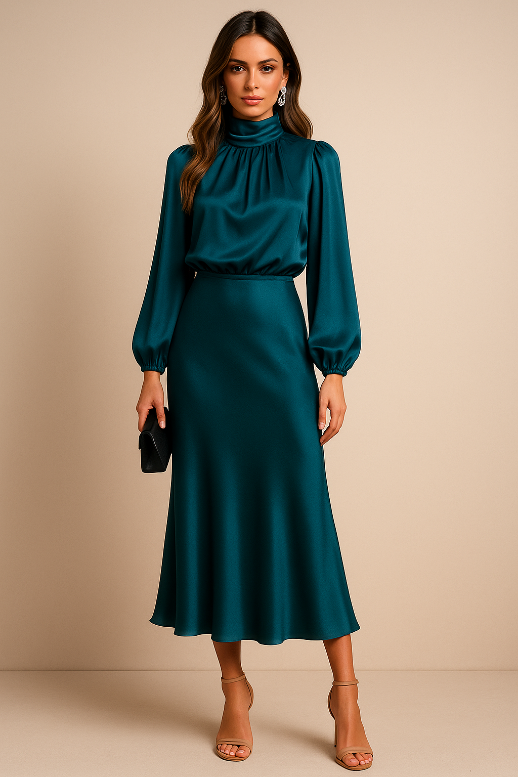Anna | Satin Mock-Neck Blouson Sleeve Midi Dress