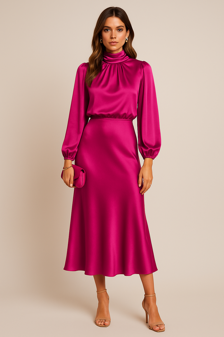 Anna | Satin Mock-Neck Blouson Sleeve Midi Dress