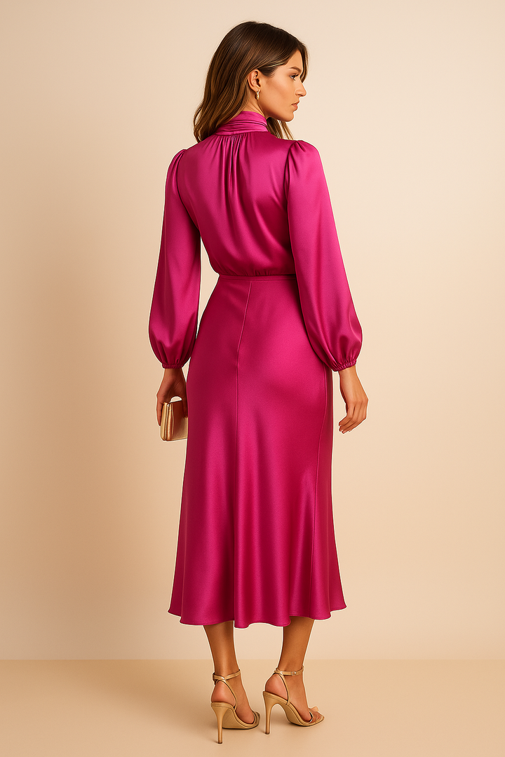 Anna | Satin Mock-Neck Blouson Sleeve Midi Dress