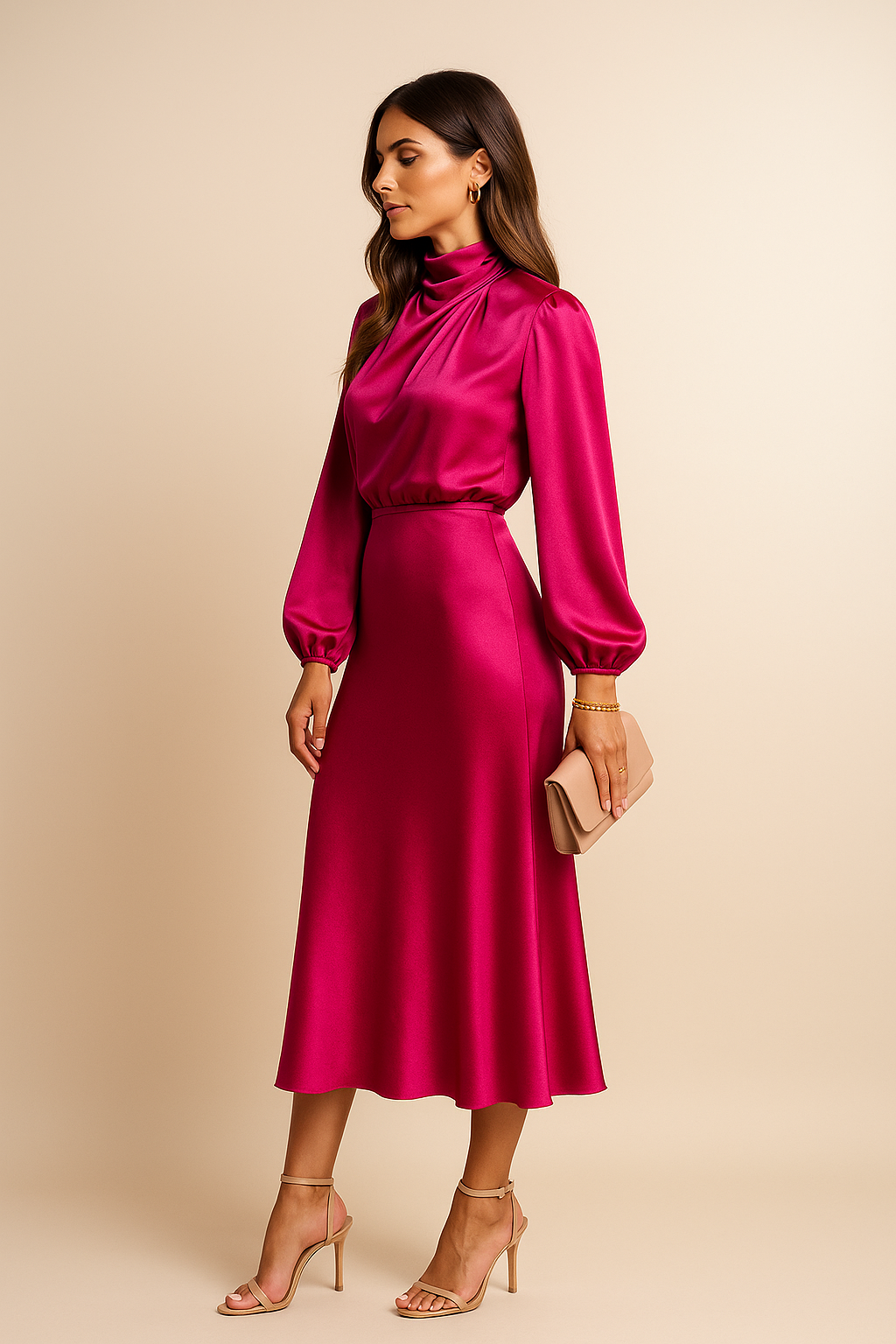 Anna | Satin Mock-Neck Blouson Sleeve Midi Dress