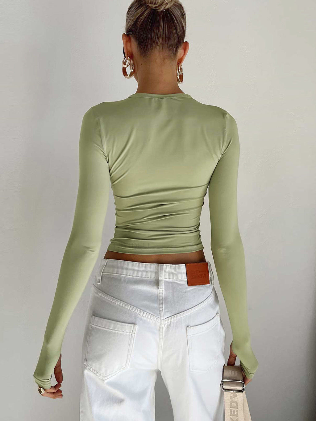Zara | Asymmetric Neck Ruched Long Sleeve Fitted Crop Top