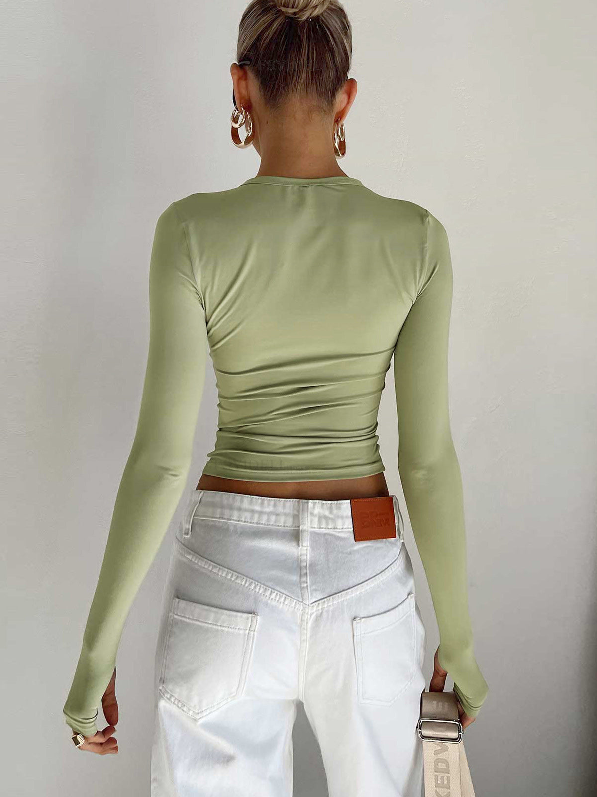 Zara | Asymmetric Neck Ruched Long Sleeve Fitted Crop Top