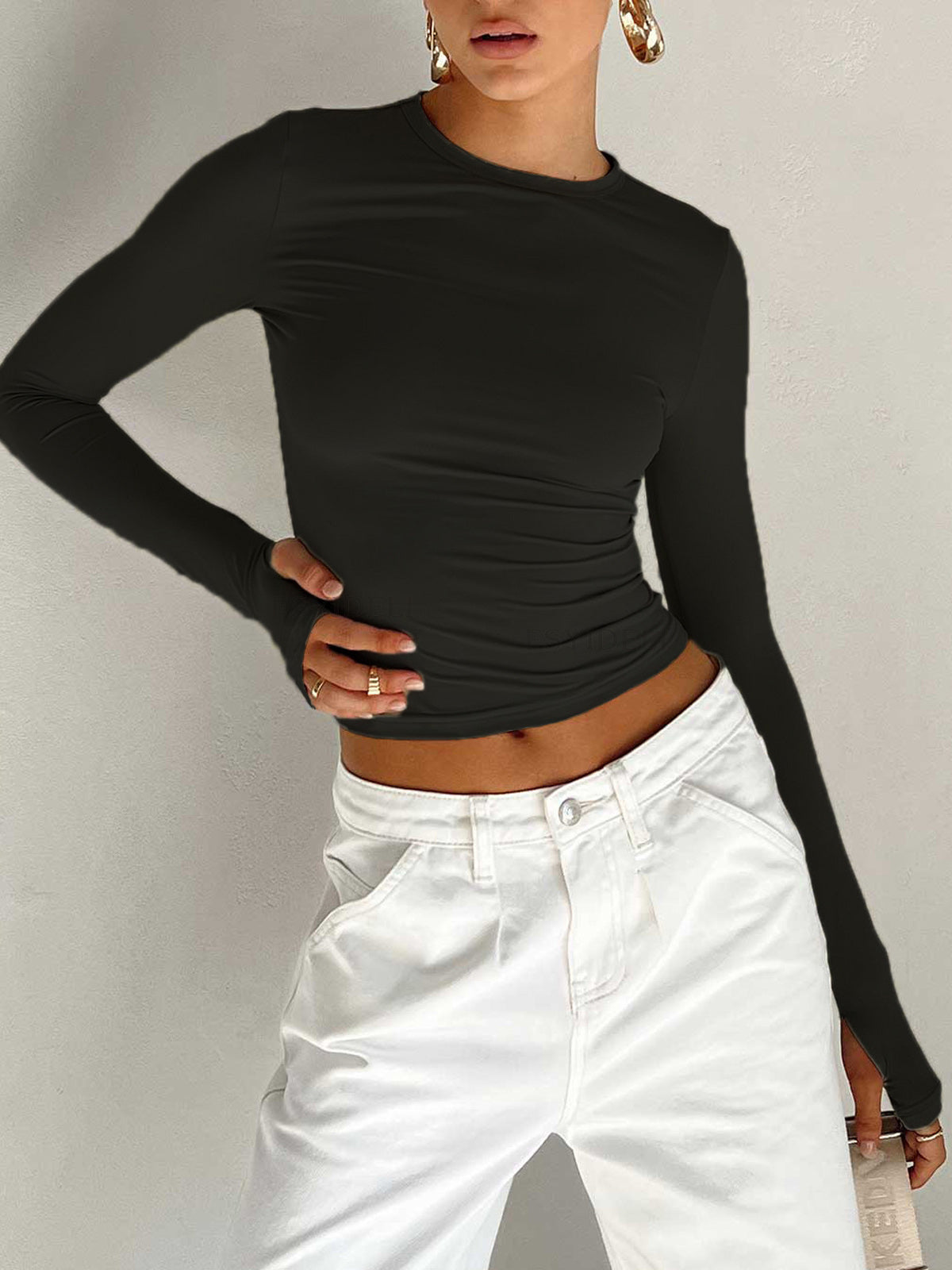 Zara | Asymmetric Neck Ruched Long Sleeve Fitted Crop Top