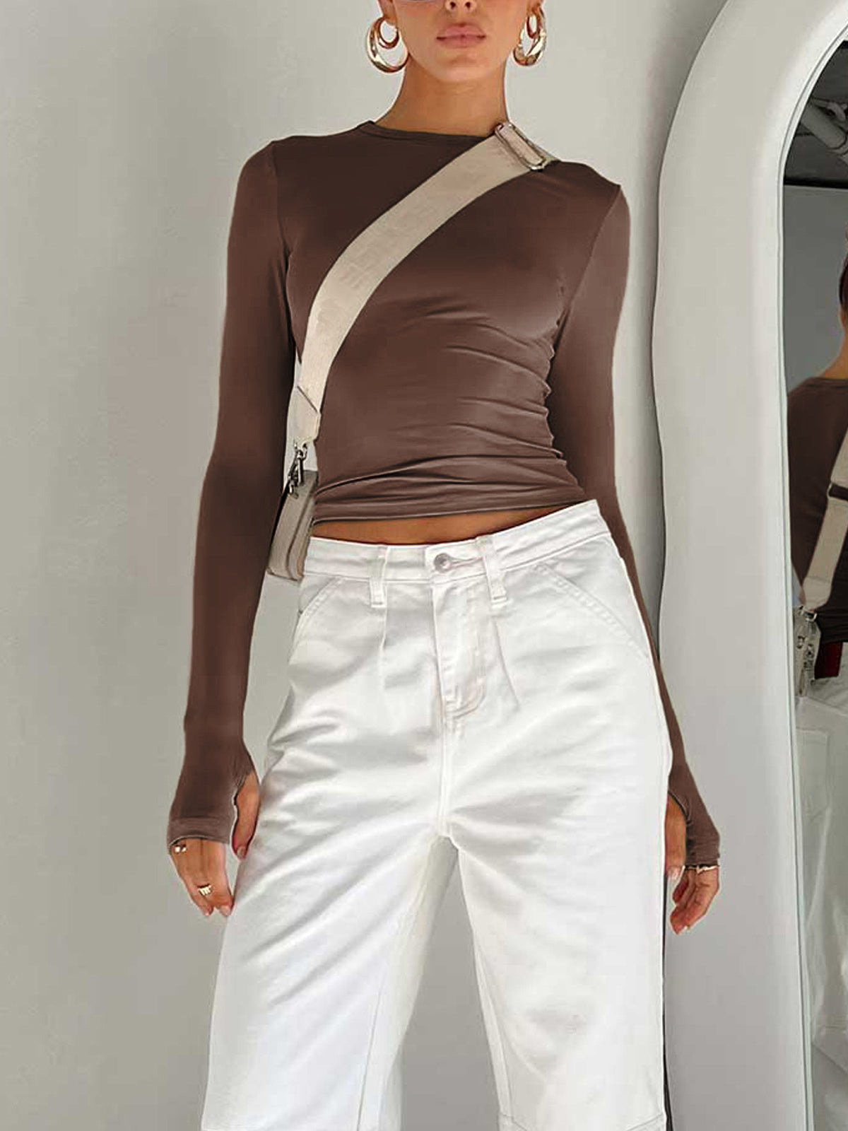 Zara | Asymmetric Neck Ruched Long Sleeve Fitted Crop Top