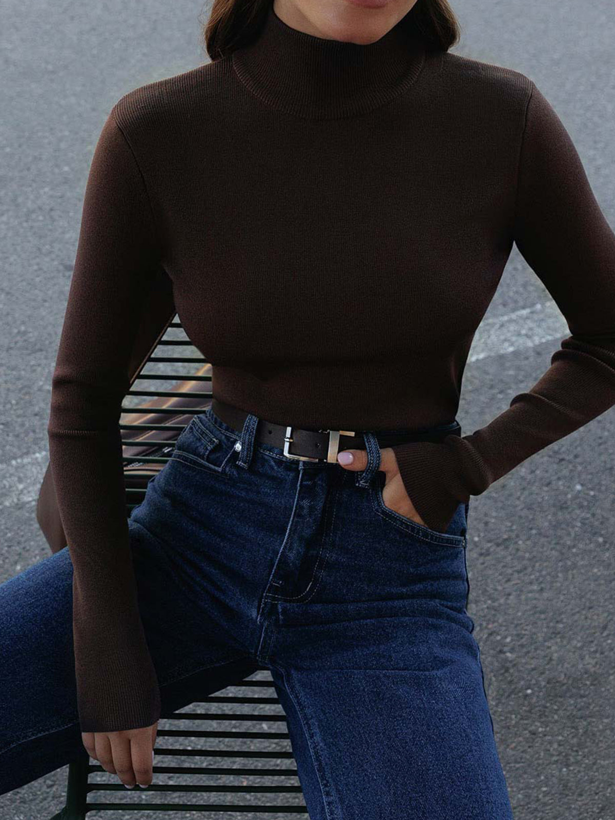 Ava | Turtleneck Fitted Long Sleeve Ribbed Knit Top
