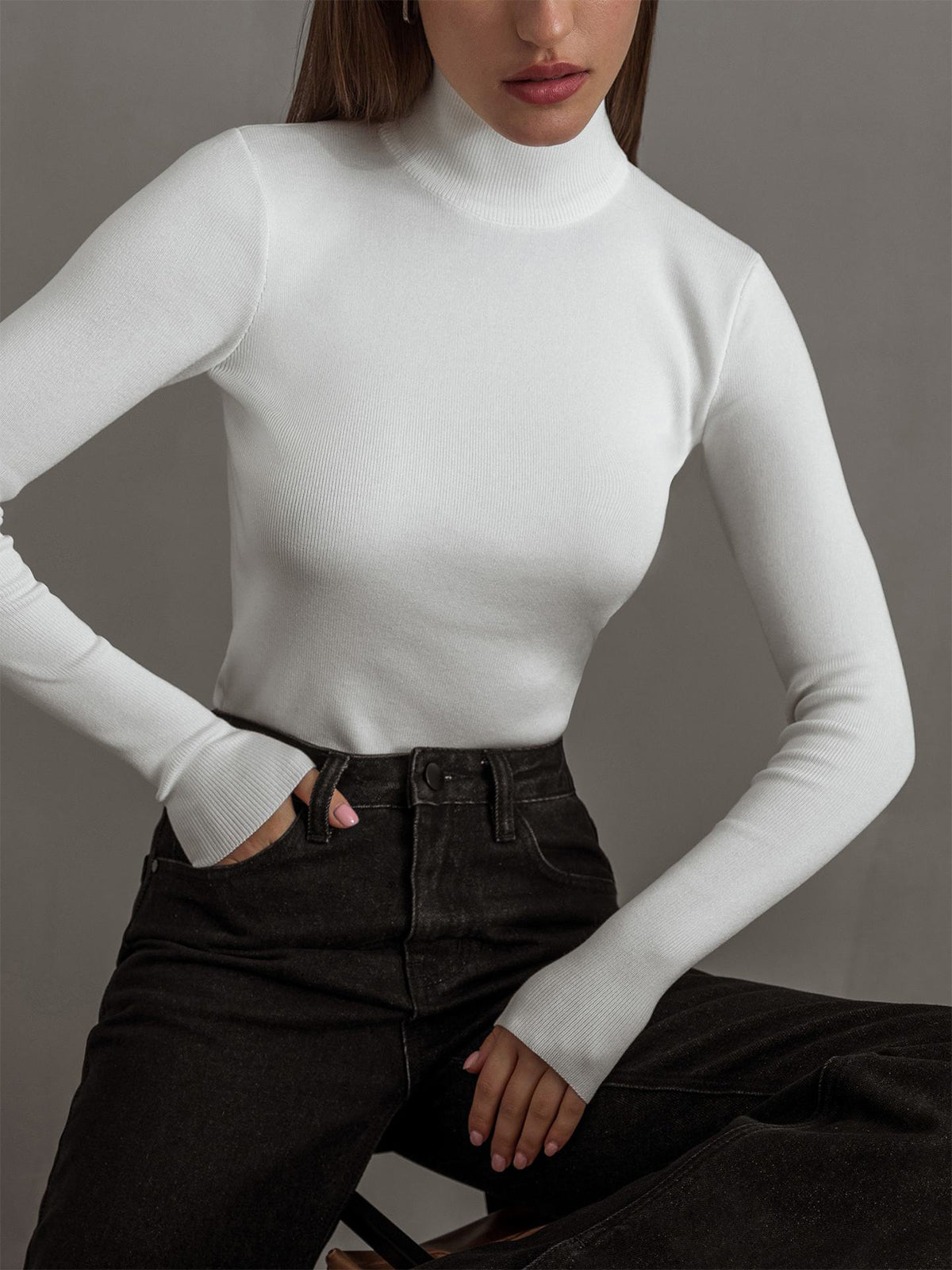 Ava | Turtleneck Fitted Long Sleeve Ribbed Knit Top