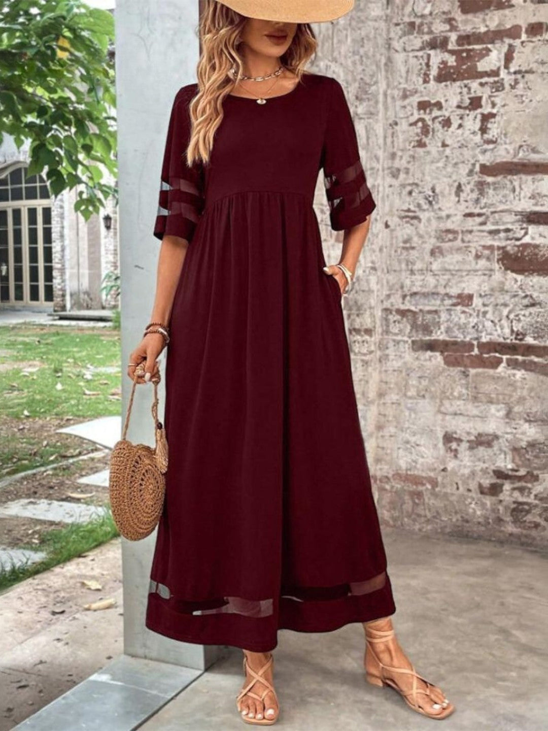 Nadia | Lace Trim V-Neck Long Sleeve Boho Maxi Dress