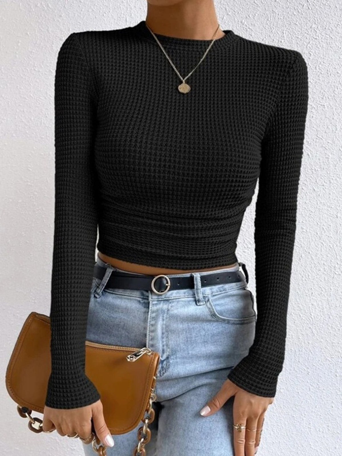 Leah | Crew Neck Waffle Knit Long Sleeve Crop Top