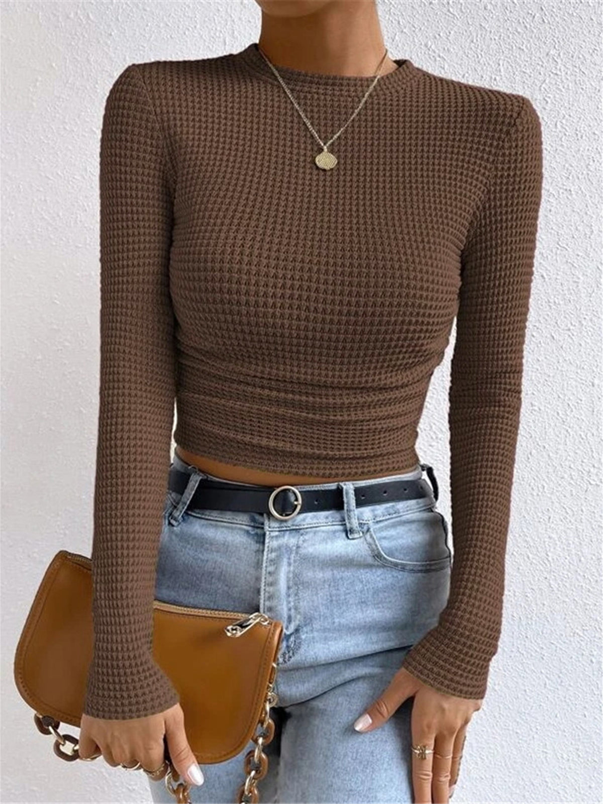 Leah | Crew Neck Waffle Knit Long Sleeve Crop Top