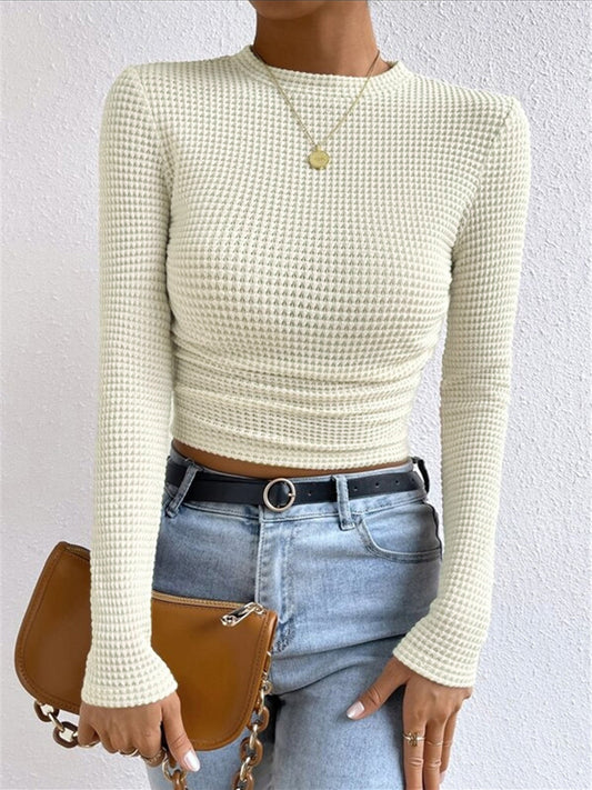 Leah | Crew Neck Waffle Knit Long Sleeve Crop Top