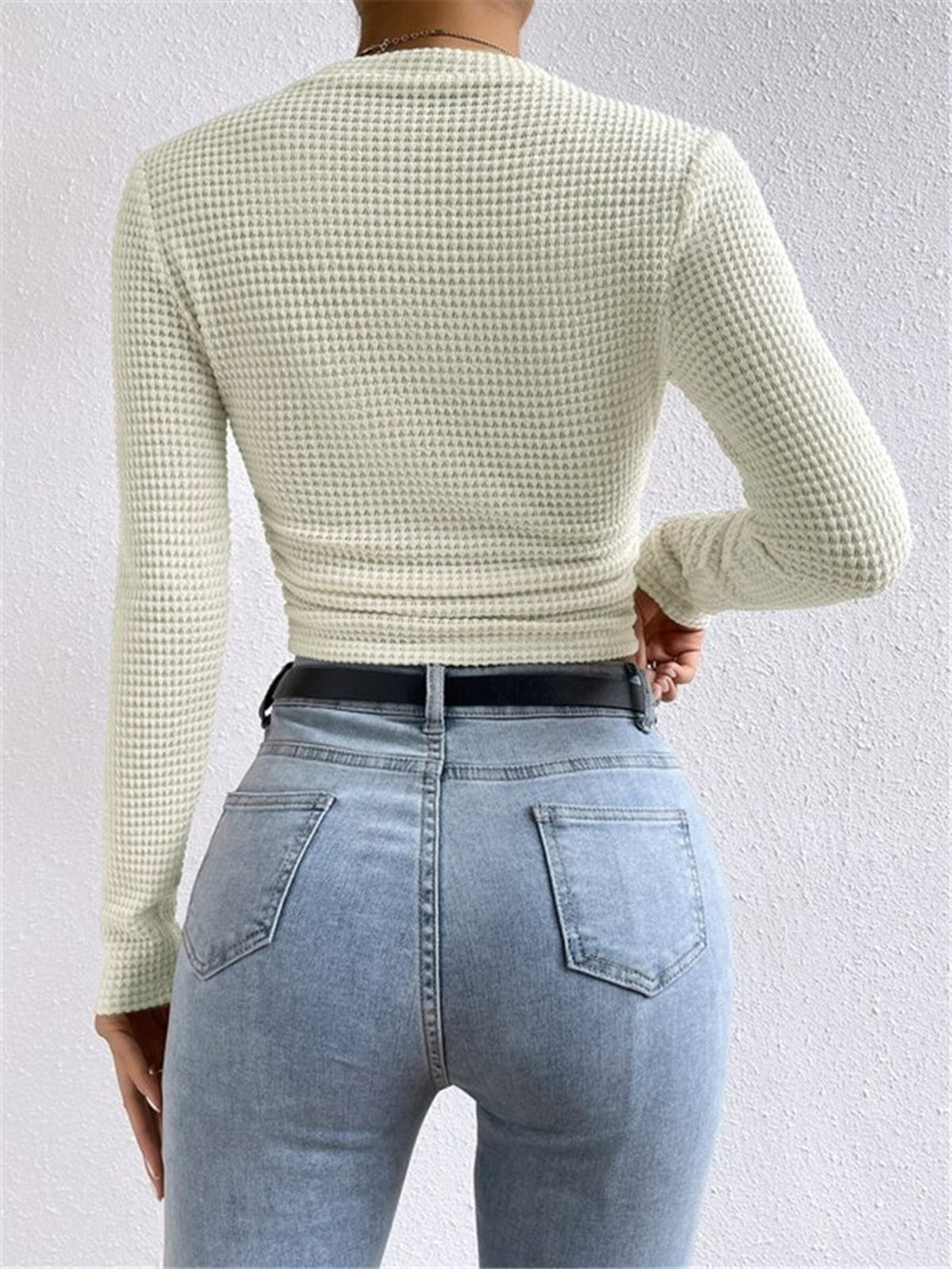 Leah | Crew Neck Waffle Knit Long Sleeve Crop Top