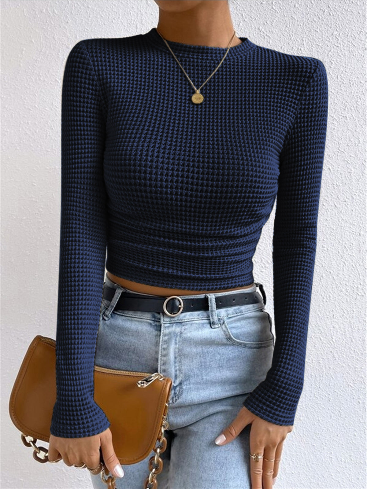 Leah | Crew Neck Waffle Knit Long Sleeve Crop Top