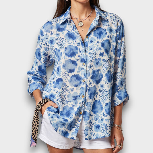 Bleu Blue Watercolour Floral Print Oversized Blouse