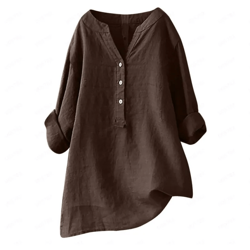 Billie | V-Neck Henley Button Roll Sleeve Asymmetric Hem Linen Tunic Shirt