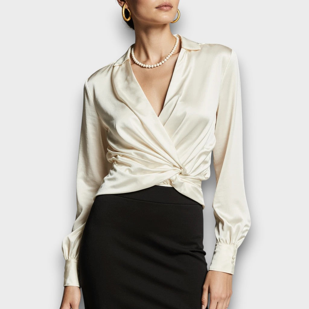 Ivory Satin Twist-Front Wrap Blouse
