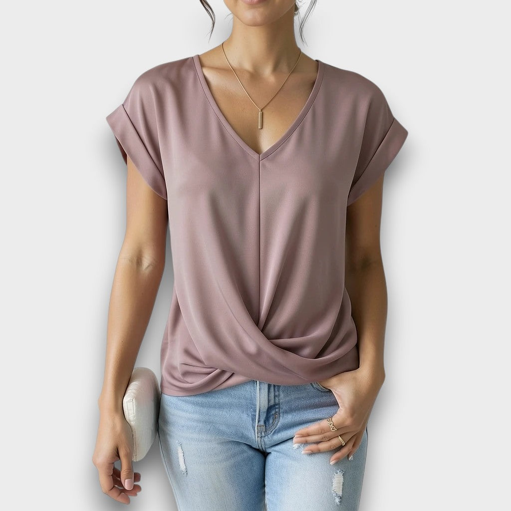 Dusk Mauve Satin V-Neck Twist-Hem Blouse
