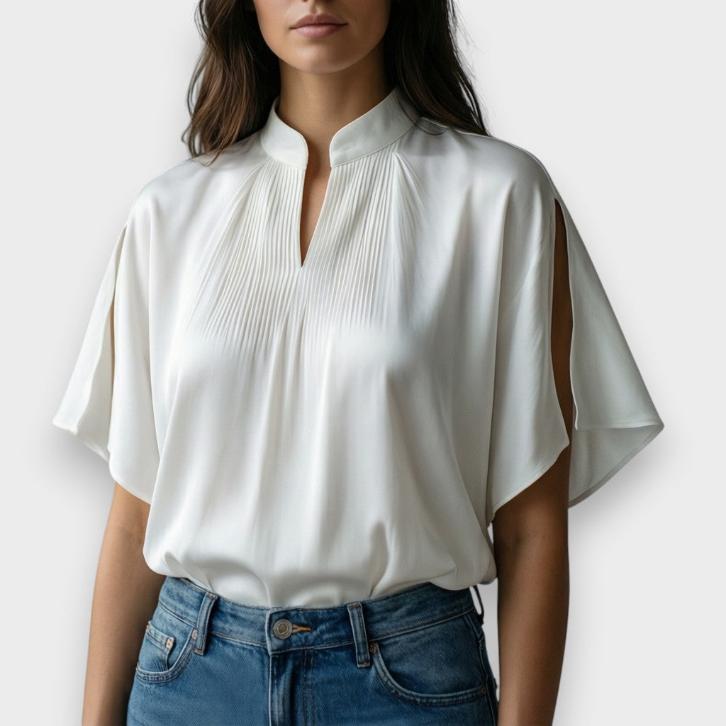 Pearl White Satin Pleated Mandarin Neck Split-Sleeve Blouse