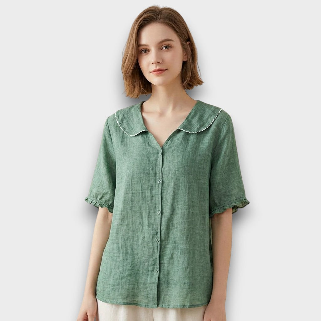 Fern Sage Green Linen Peter Pan Collar Frill Cuff Blouse
