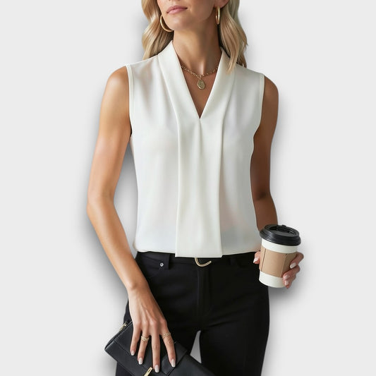 Blanc White Pleated V-Neck Sleeveless Blouse