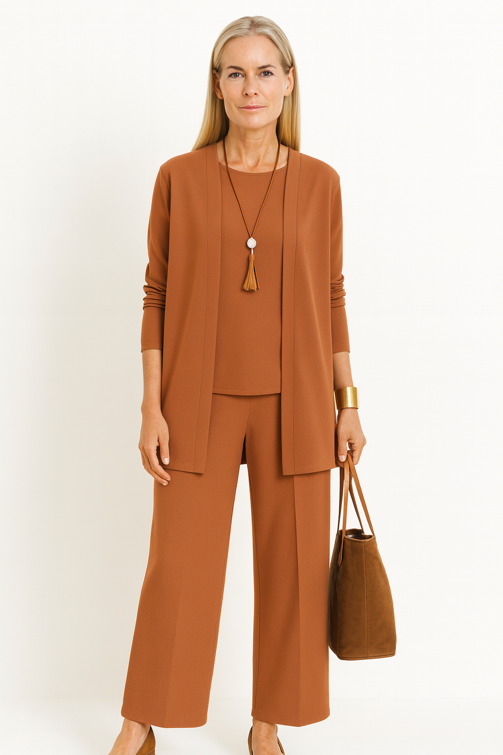 Diana | Open Front Cardigan, Sleeveless Vest & Wide Leg Trouser Three-Piece Set