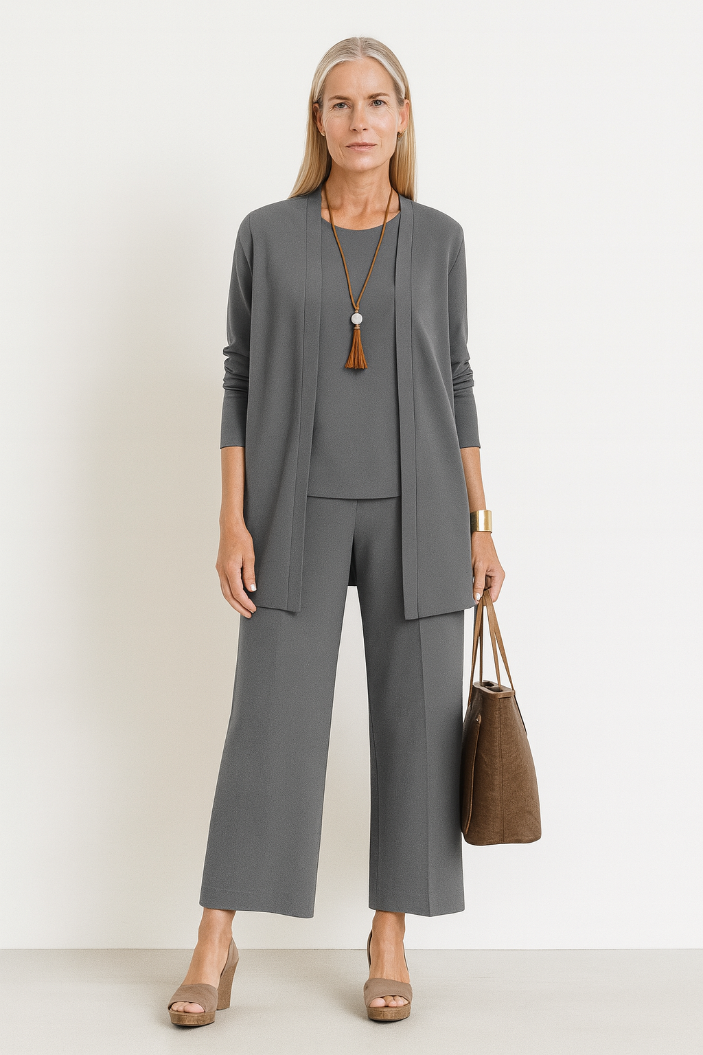 Diana | Open Front Cardigan, Sleeveless Vest & Wide Leg Trouser Three-Piece Set