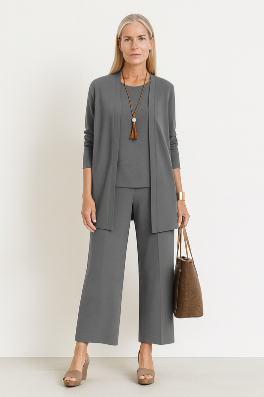 Diana | Open Front Cardigan, Sleeveless Vest & Wide Leg Trouser Three-Piece Set